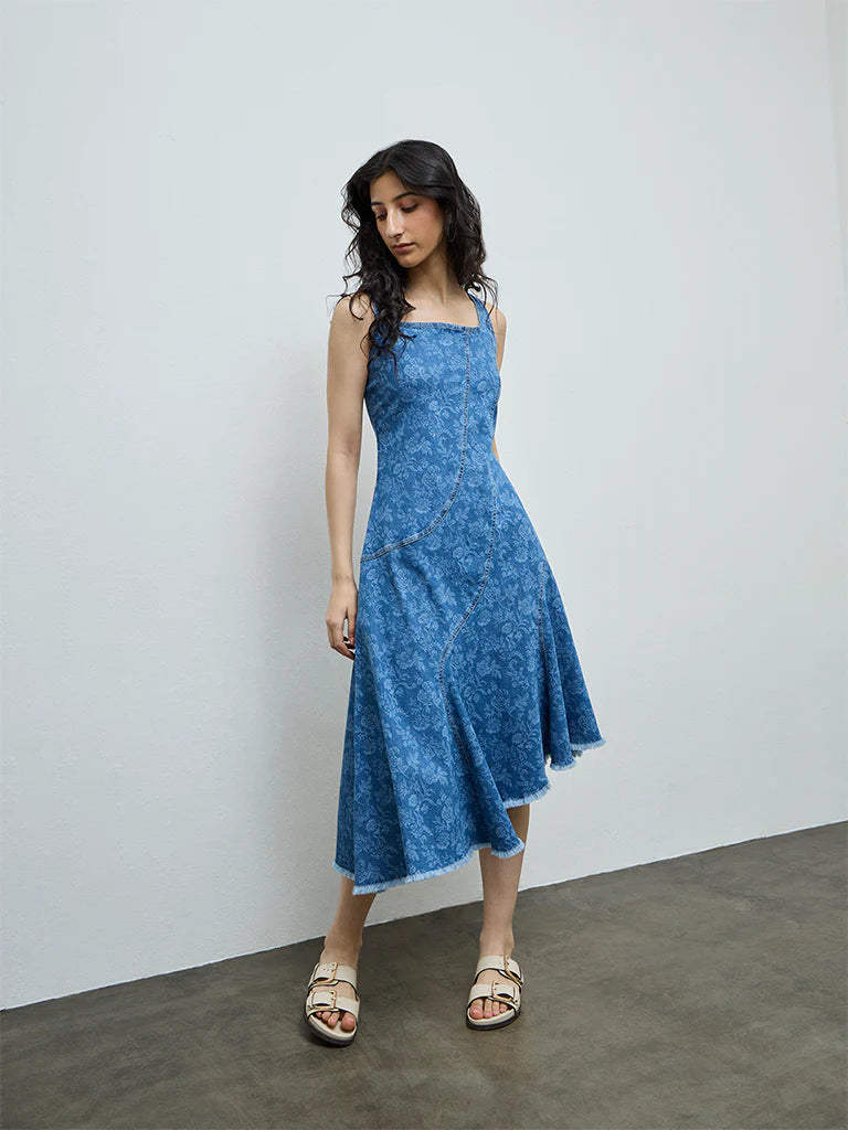 Bombay Paisley Blue Floral Denim A-Line Dress