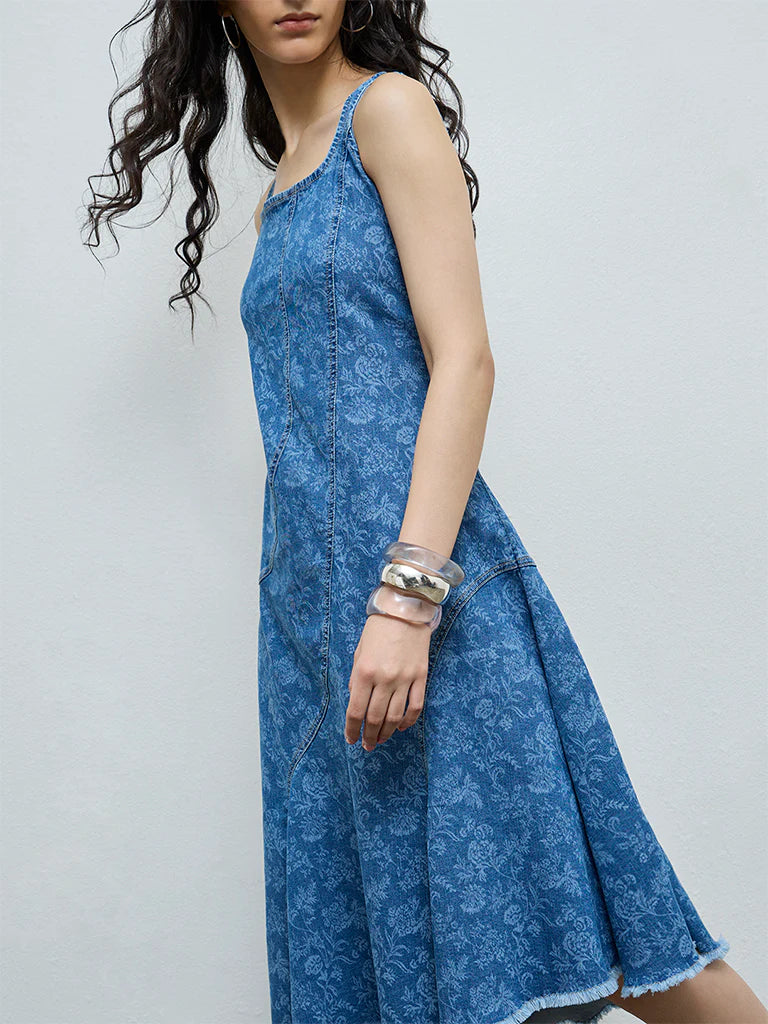 Bombay Paisley Blue Floral Denim A-Line Dress