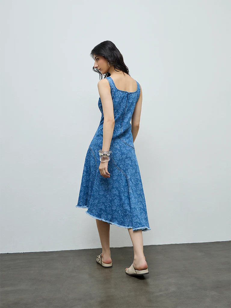 Bombay Paisley Blue Floral Denim A-Line Dress