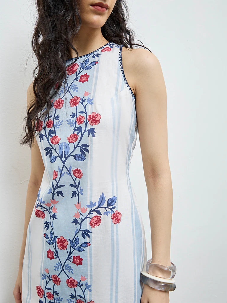 White Floral Pattern Cotton Shift Dress