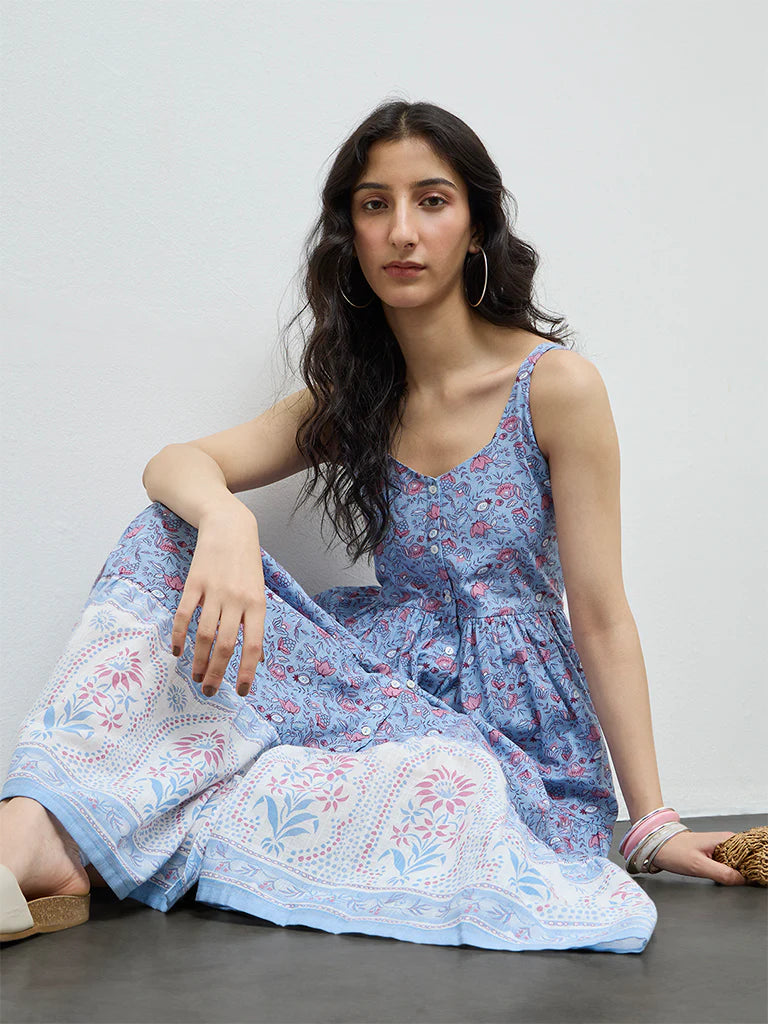 Bombay Paisley Blue Floral Cotton Tiered Dress