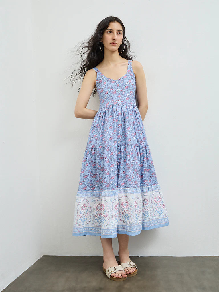 Bombay Paisley Blue Floral Cotton Tiered Dress