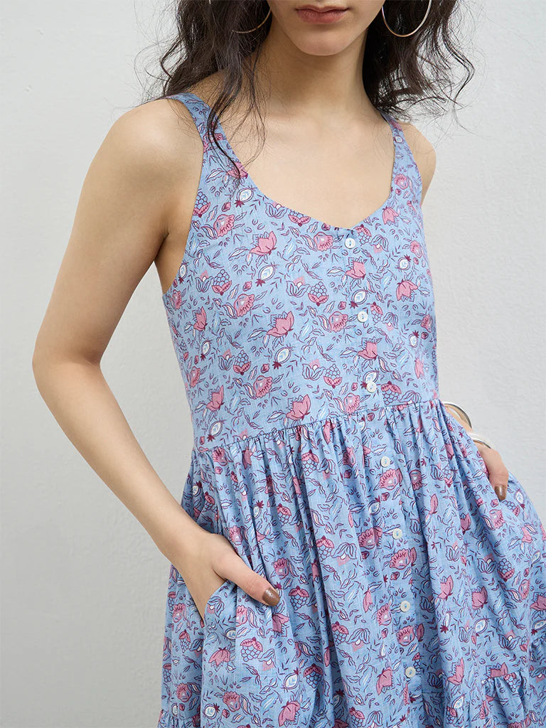 Bombay Paisley Blue Floral Cotton Tiered Dress