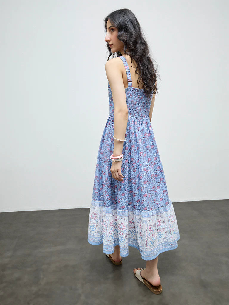 Bombay Paisley Blue Floral Cotton Tiered Dress