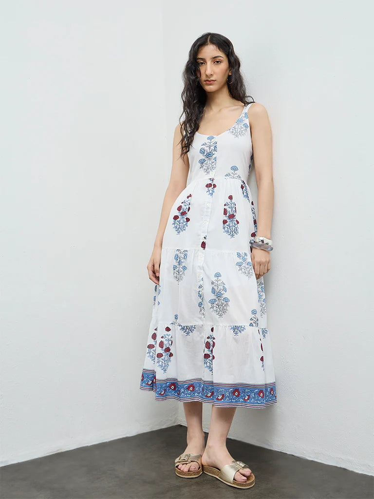 Bombay Paisley White Floral Cotton Tiered Dress