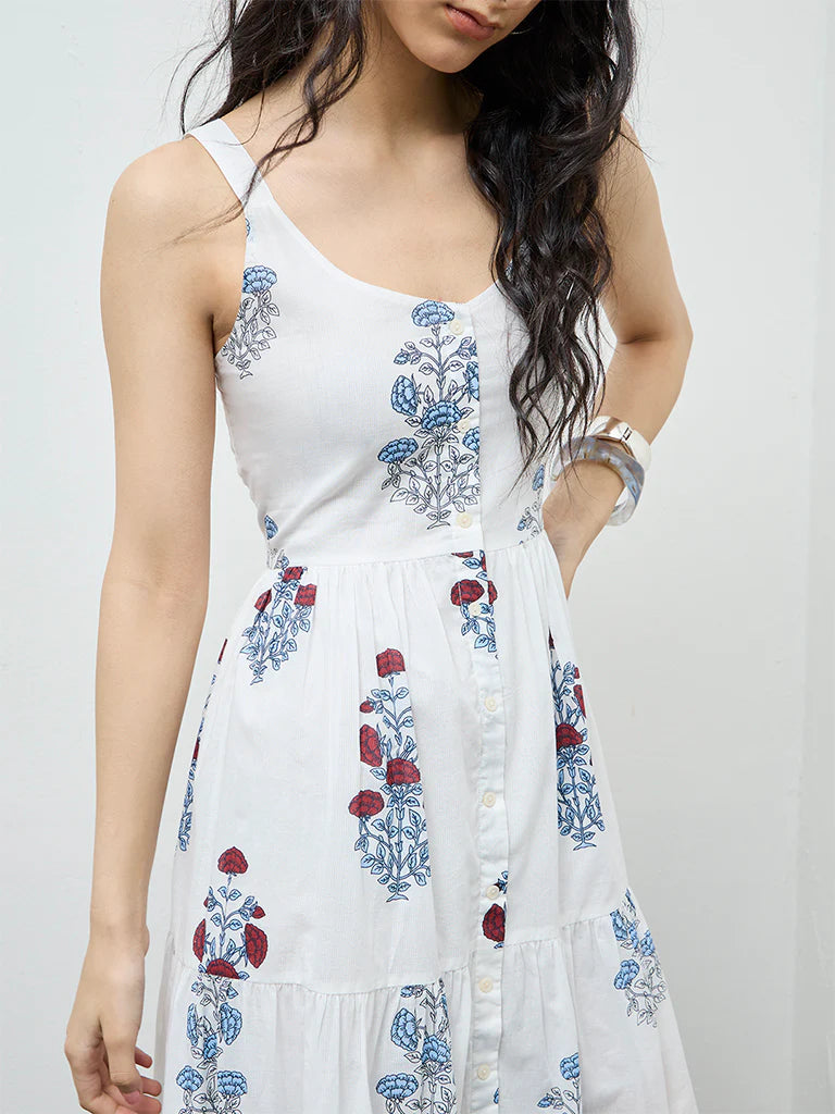 Bombay Paisley White Floral Cotton Tiered Dress