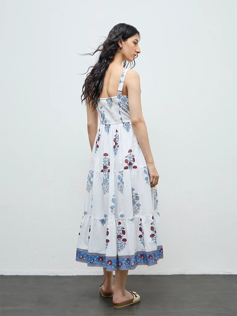 Bombay Paisley White Floral Cotton Tiered Dress