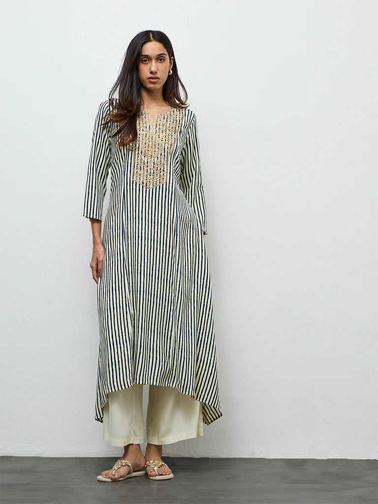 Utsa Teal Striped A-Line Kurta