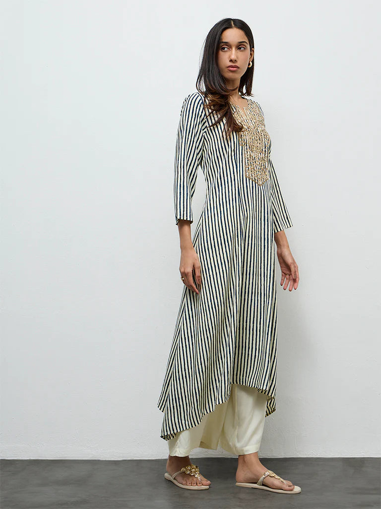 Utsa Teal Striped A-Line Kurta