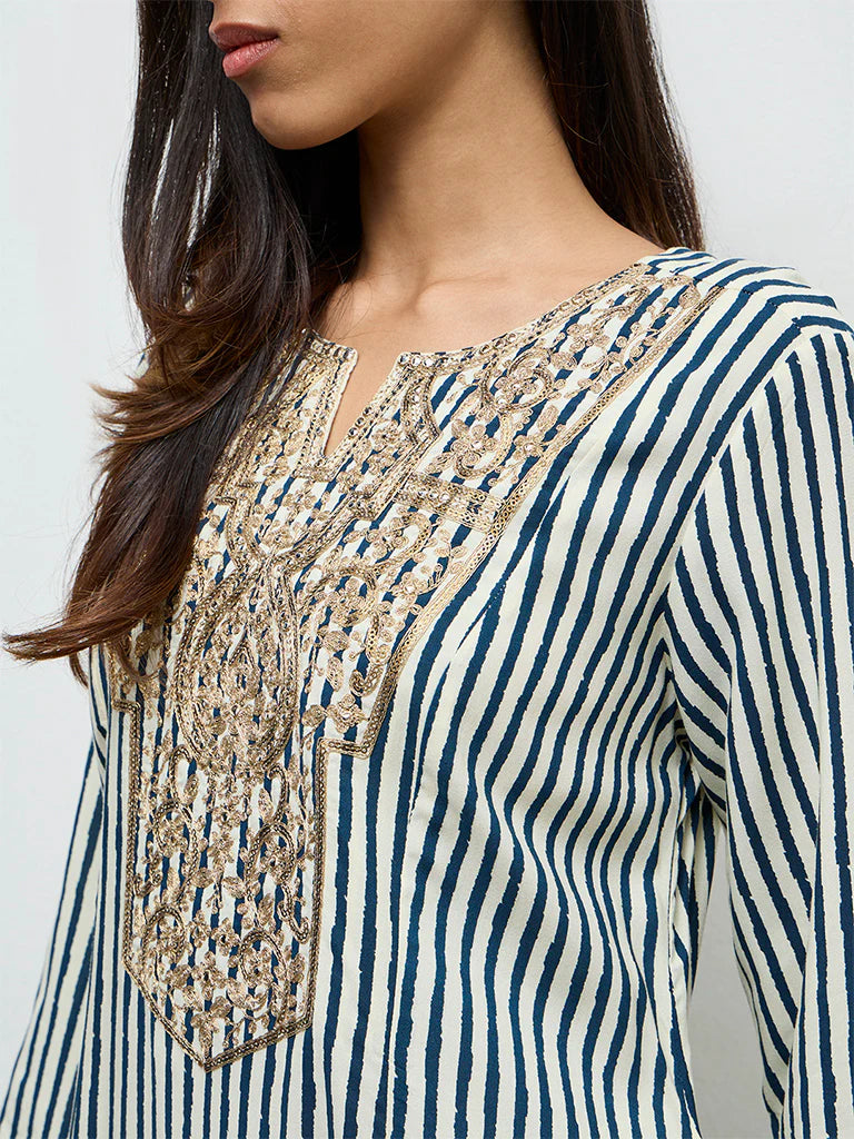 Utsa Teal Striped A-Line Kurta