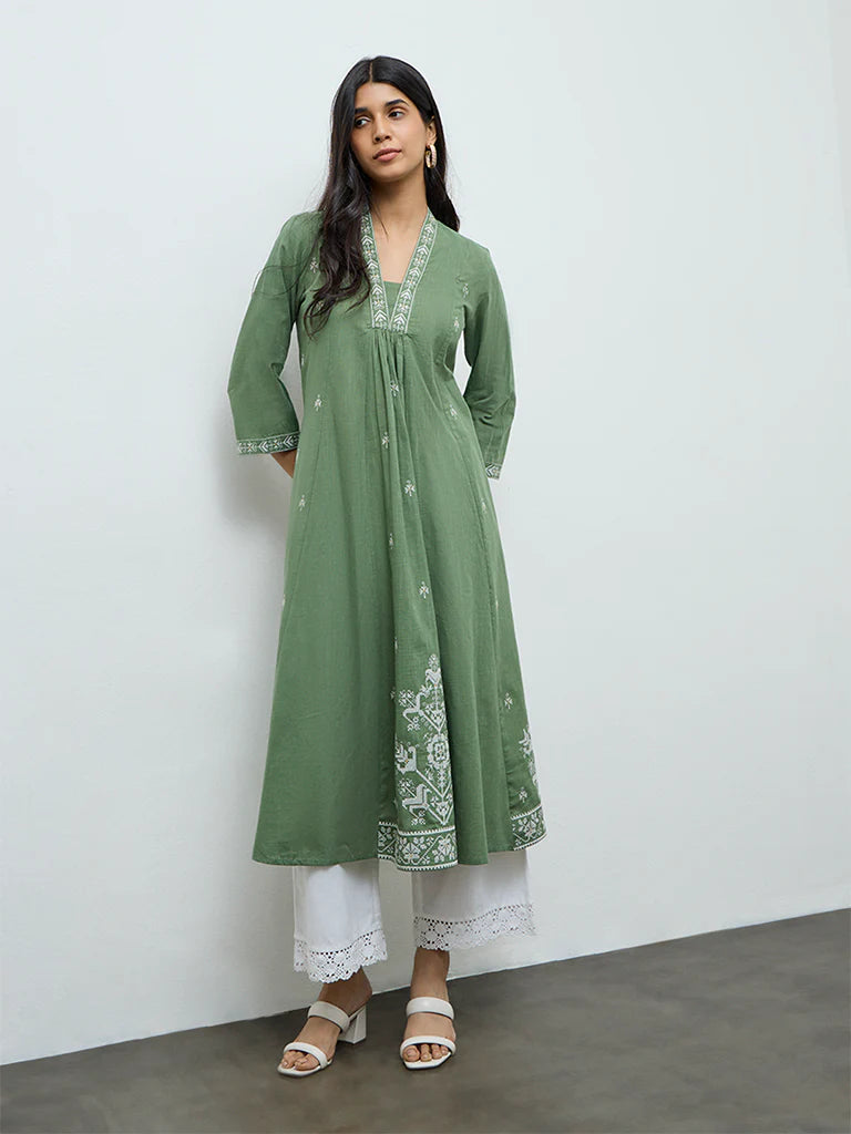 Utsa Green Embroidered Anarkali Cotton Kurta
