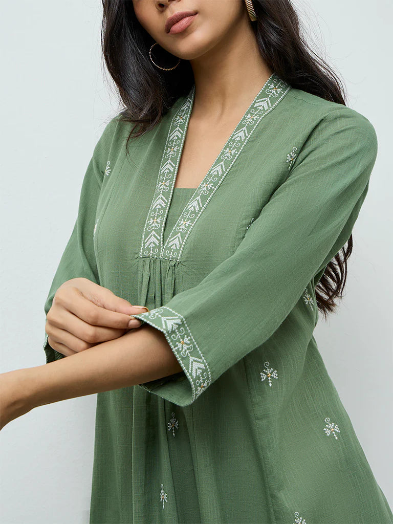 Utsa Green Embroidered Anarkali Cotton Kurta