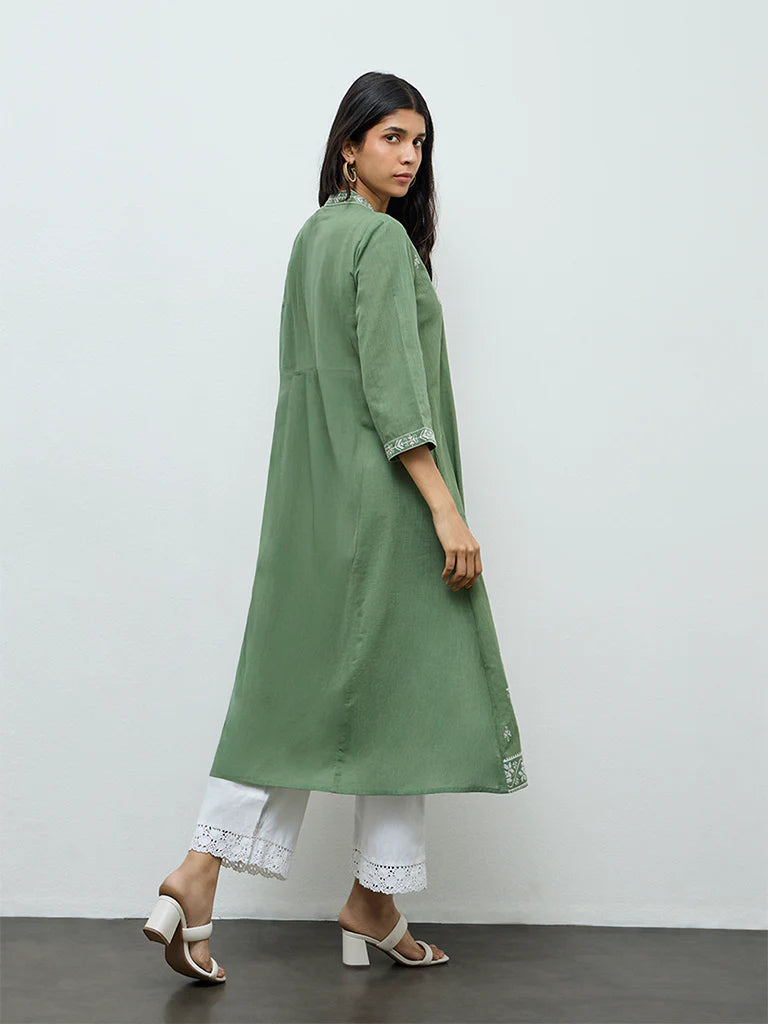 Utsa Green Embroidered Anarkali Cotton Kurta
