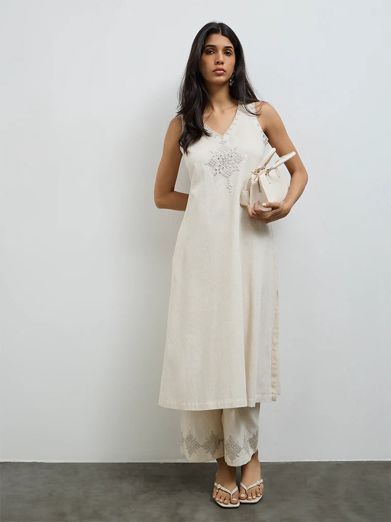 Utsa Off-White Embroidered Cotton-Blend A-Line Kurta