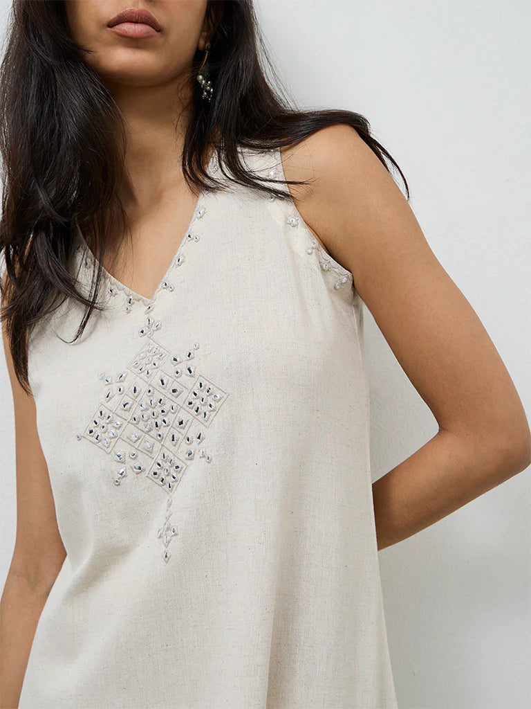 Utsa Off-White Embroidered Cotton-Blend A-Line Kurta