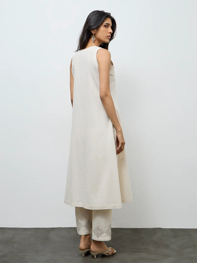Utsa Off-White Embroidered Cotton-Blend A-Line Kurta