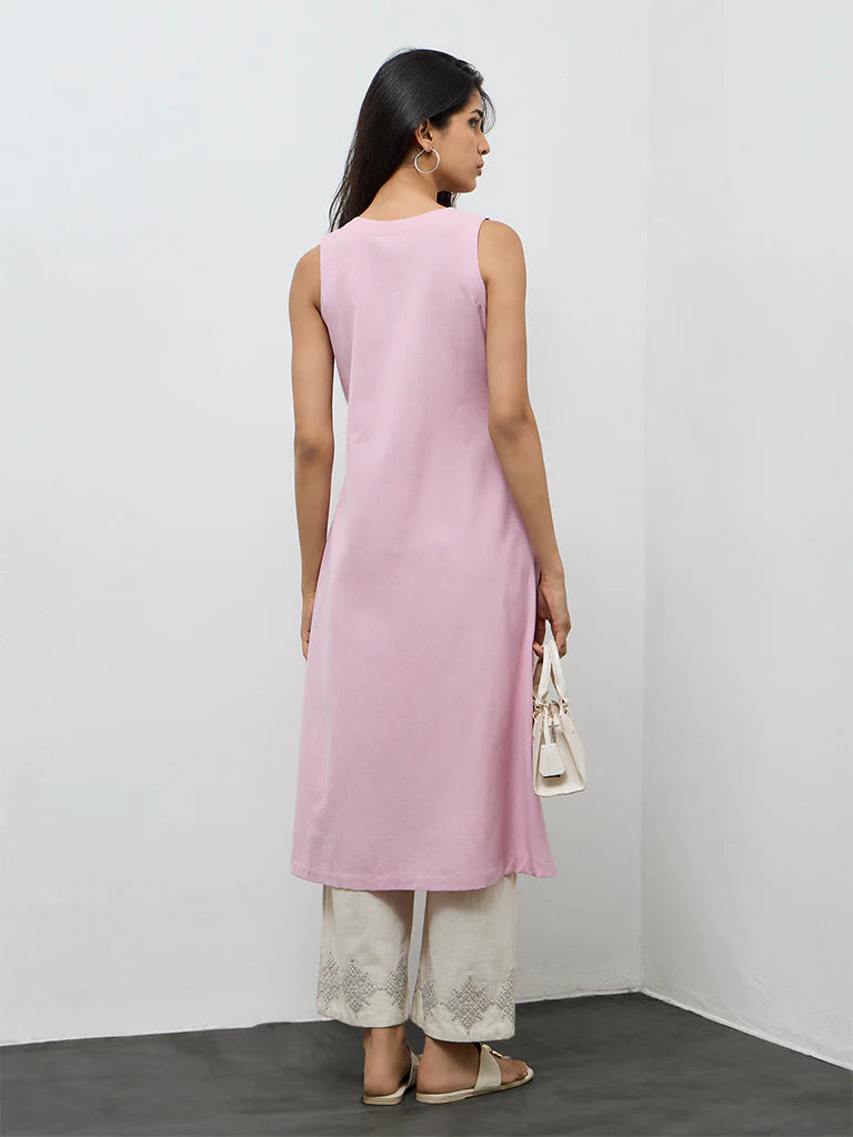 Utsa Lilac Embroidered Cotton-Blend A-Line Kurta