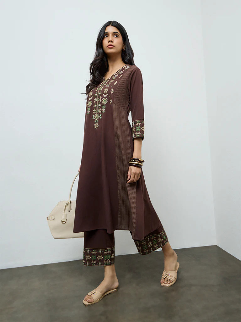 Utsa Dark Brown Aztec Embroidered Cotton-Blend A-Line Kurta