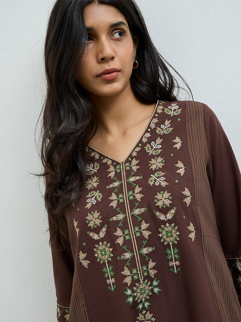 Utsa Dark Brown Aztec Embroidered Cotton-Blend A-Line Kurta
