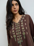 Utsa Dark Brown Aztec Embroidered Cotton-Blend A-Line Kurta