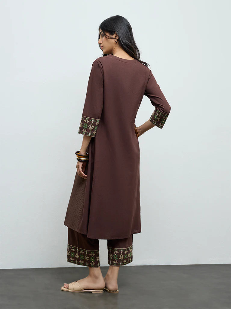 Utsa Dark Brown Aztec Embroidered Cotton-Blend A-Line Kurta