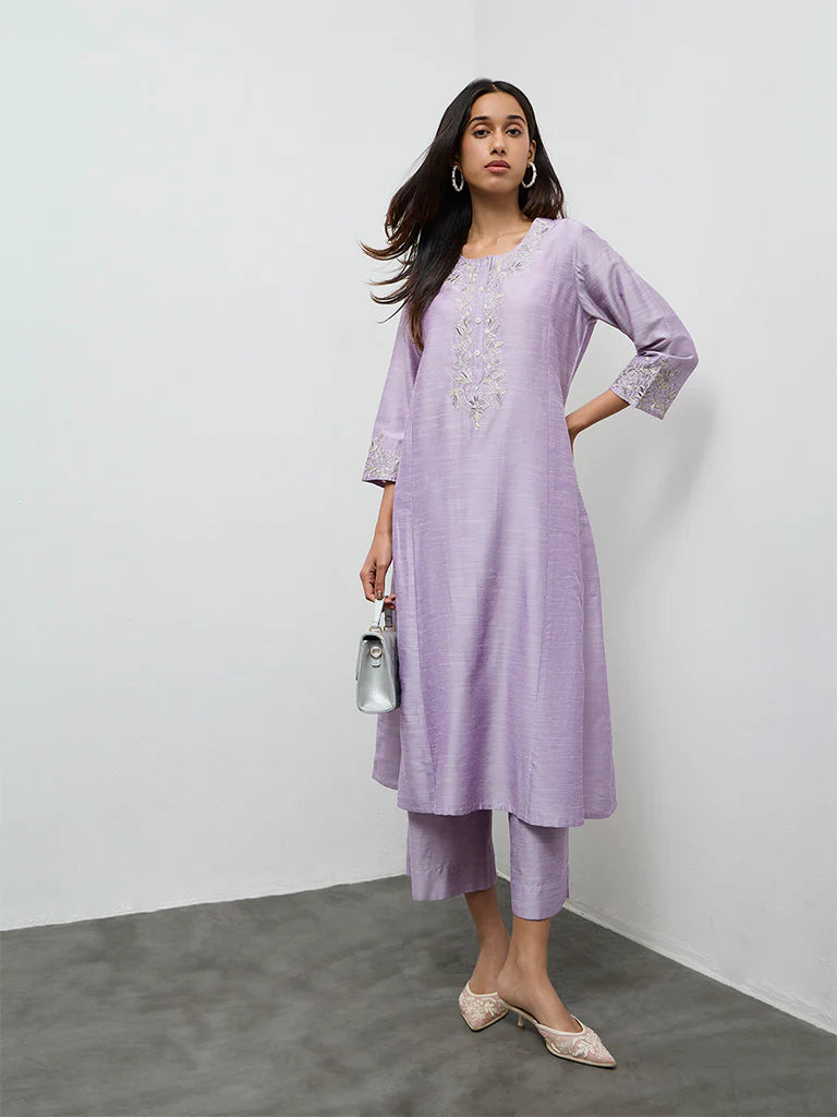 Utsa Lilac Floral Embroidered A-Line Kurta