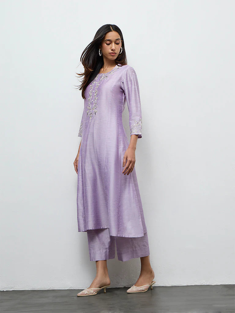 Utsa Lilac Floral Embroidered A-Line Kurta