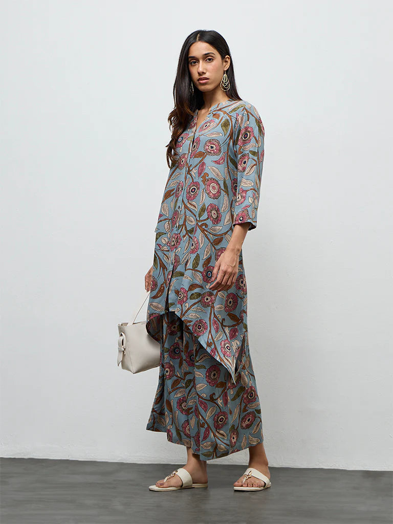 Utsa Dusty Blue Foliage Printed A-Line Kurta