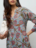 Utsa Dusty Blue Foliage Printed A-Line Kurta