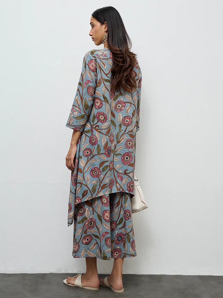 Utsa Dusty Blue Foliage Printed A-Line Kurta