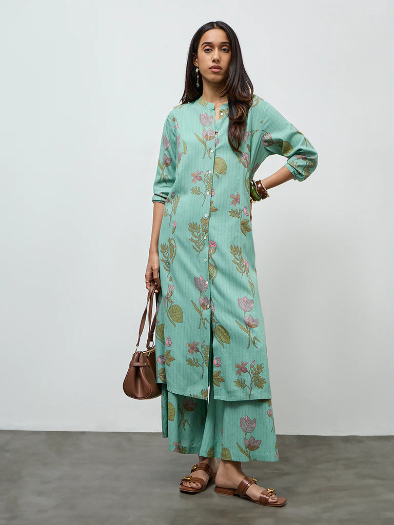 Utsa Aqua Botanical Design A-Line Kurta