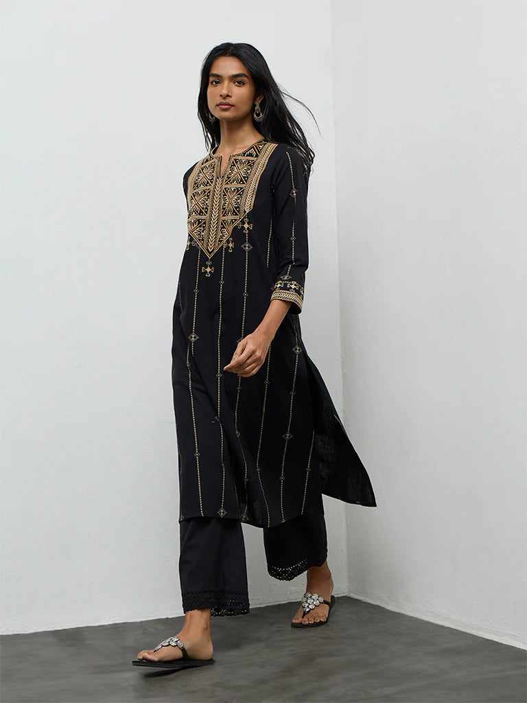 Utsa Black Embroidered Cotton-Blend A-Line Kurta
