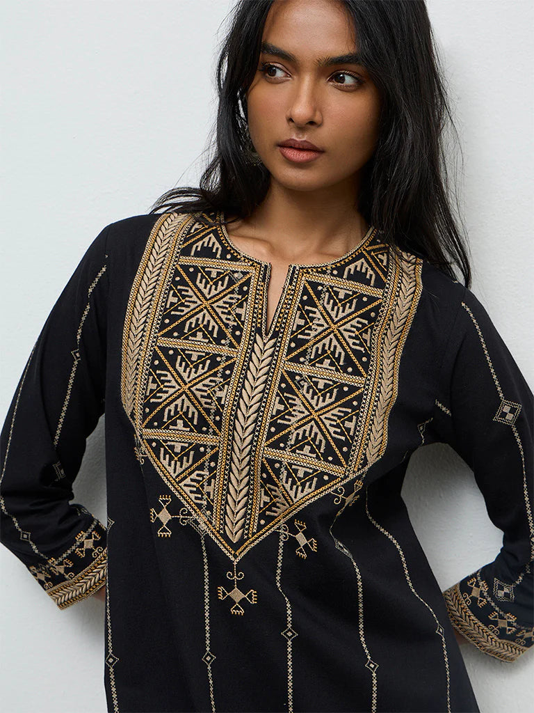 Utsa Black Embroidered Cotton-Blend A-Line Kurta