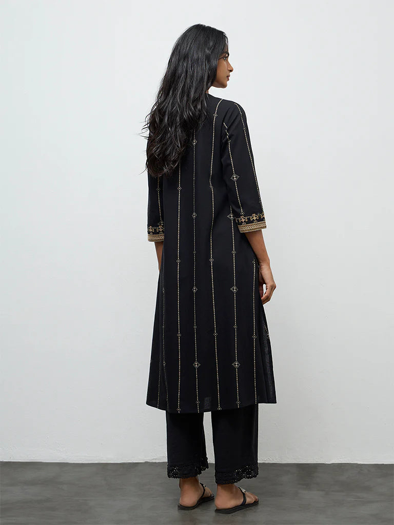 Utsa Black Embroidered Cotton-Blend A-Line Kurta