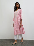 Utsa Pink Printed Cotton-Blend A-Line Kurta