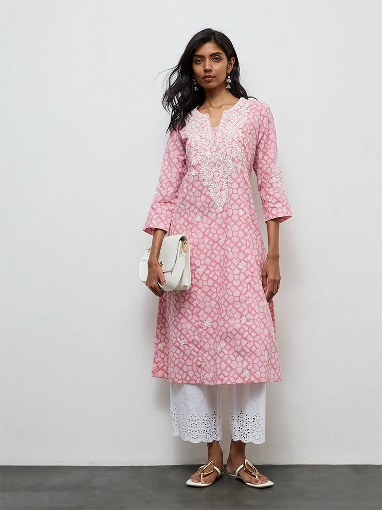 Utsa Pink Printed Cotton-Blend A-Line Kurta