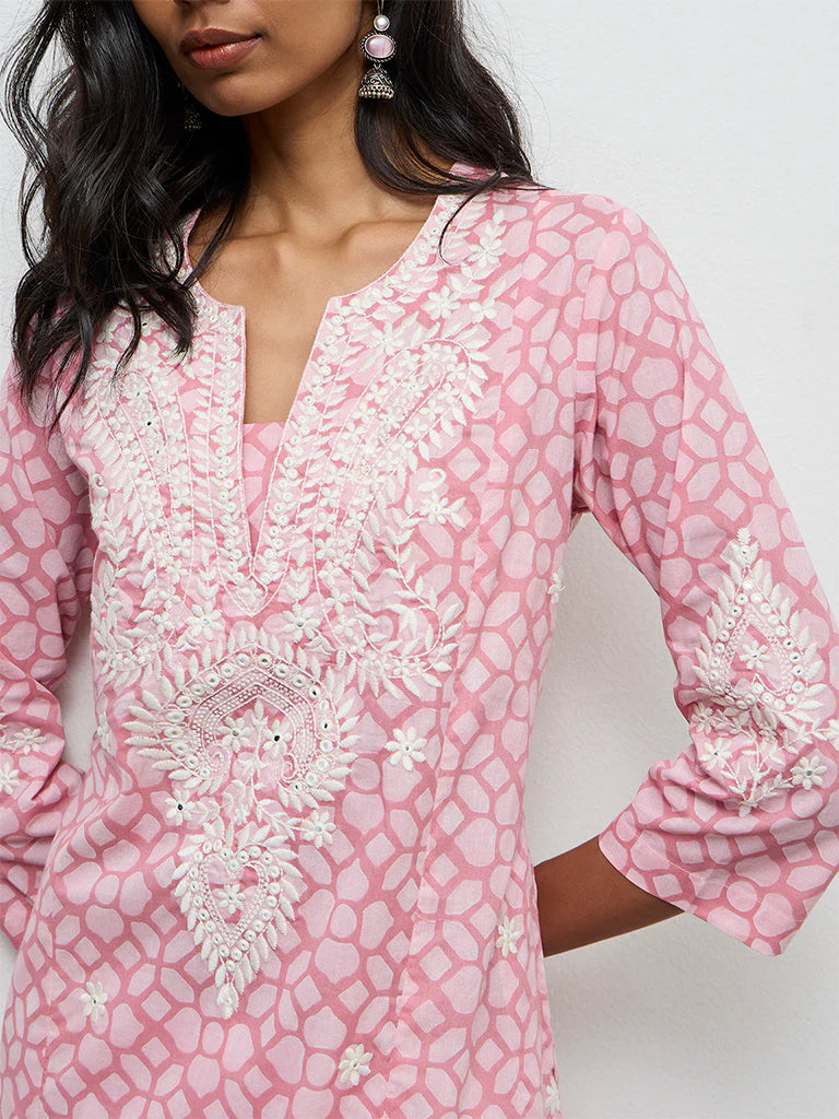 Utsa Pink Printed Cotton-Blend A-Line Kurta