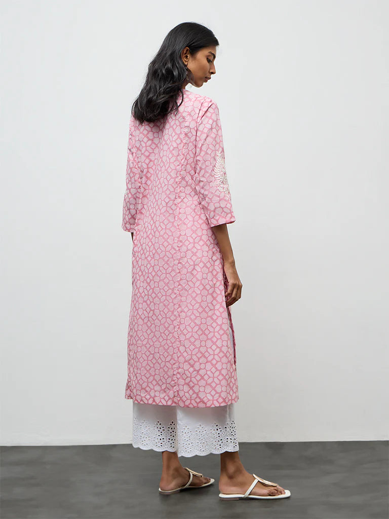 Utsa Pink Printed Cotton-Blend A-Line Kurta