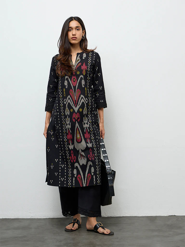 Utsa Black Ikkat Design Cotton-Blend A-Line Kurta