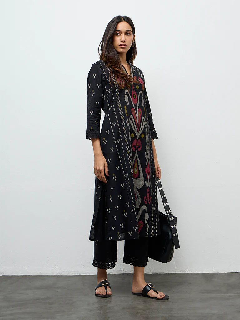 Utsa Black Ikkat Design Cotton-Blend A-Line Kurta