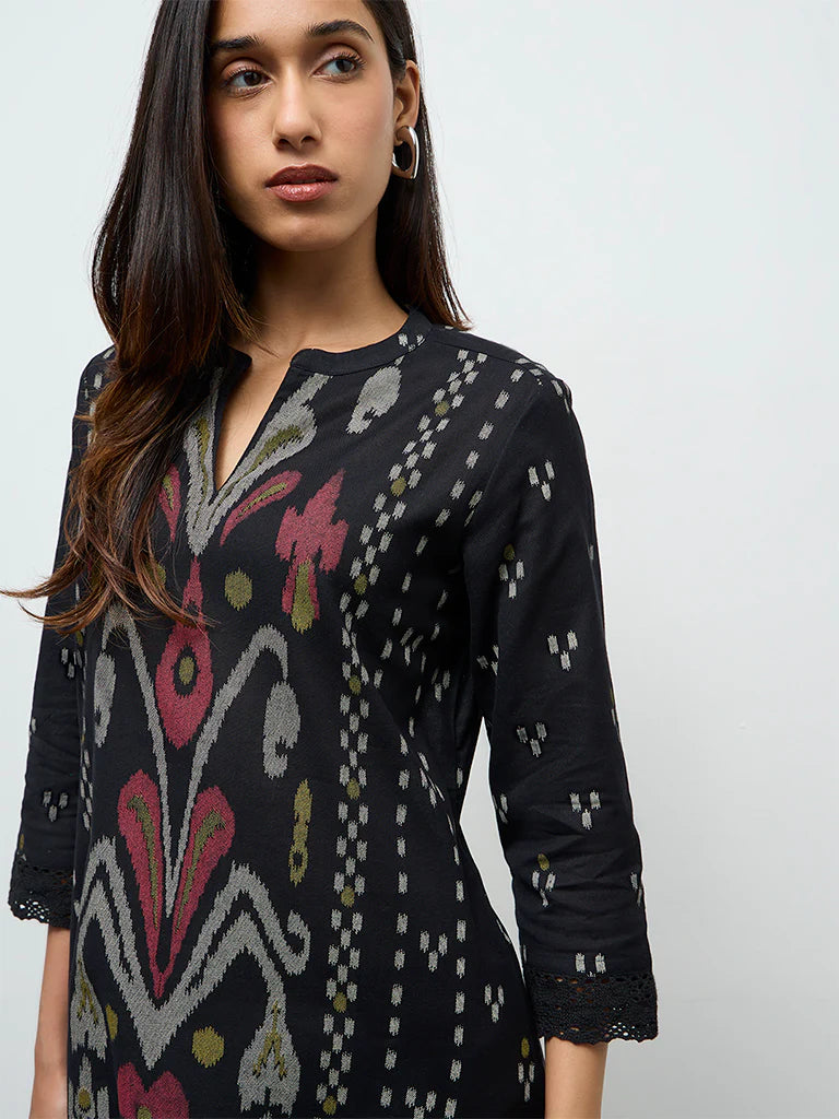 Utsa Black Ikkat Design Cotton-Blend A-Line Kurta