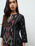 Utsa Black Ikkat Design Cotton-Blend A-Line Kurta