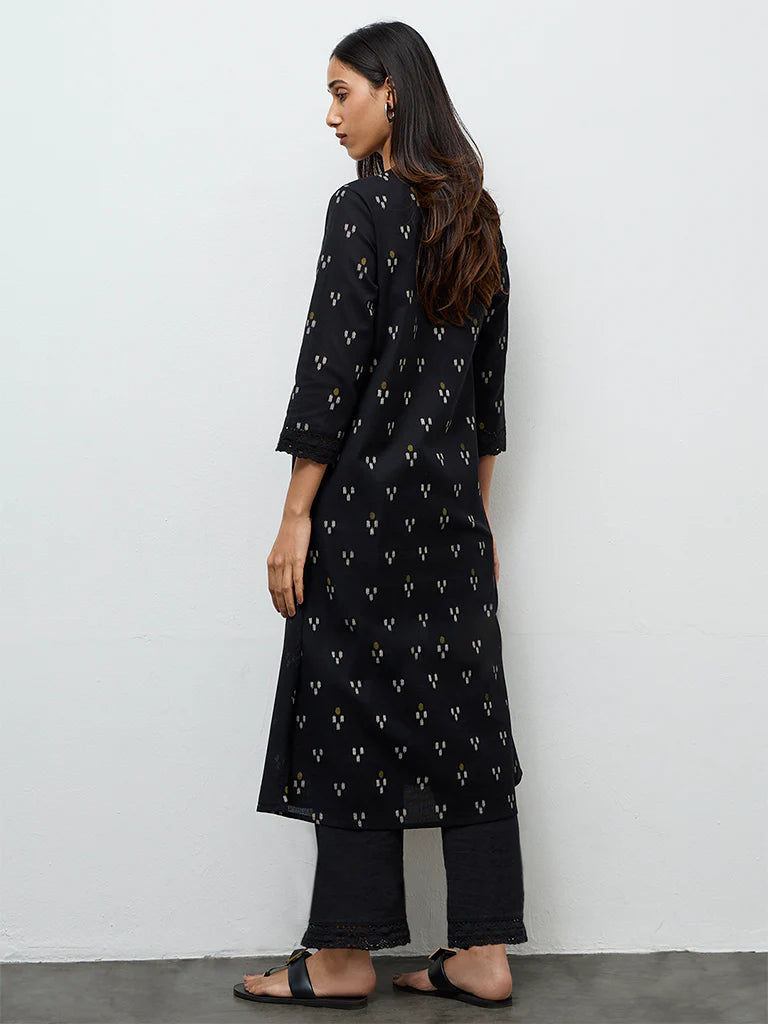Utsa Black Ikkat Design Cotton-Blend A-Line Kurta