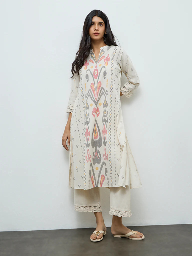 Utsa Off-White Ikat Printed Cotton-Blend A-Line Kurta