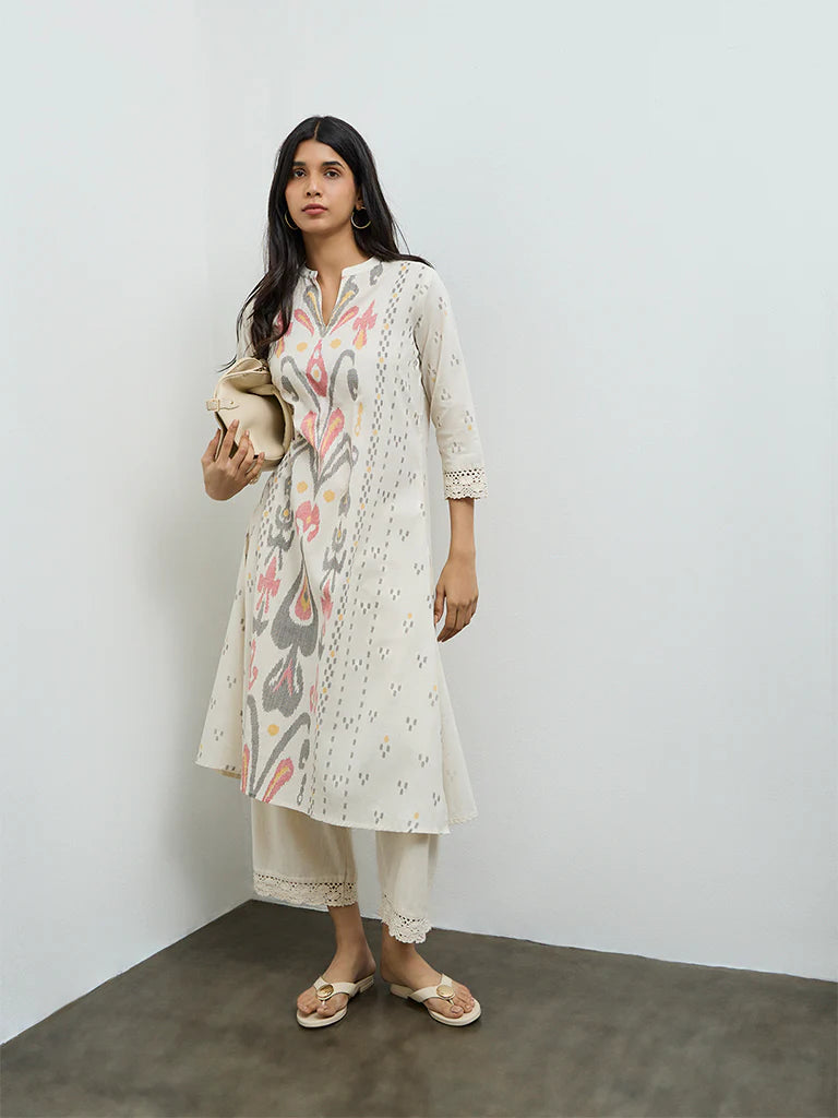 Utsa Off-White Ikat Printed Cotton-Blend A-Line Kurta