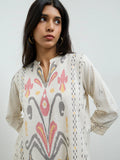 Utsa Off-White Ikat Printed Cotton-Blend A-Line Kurta