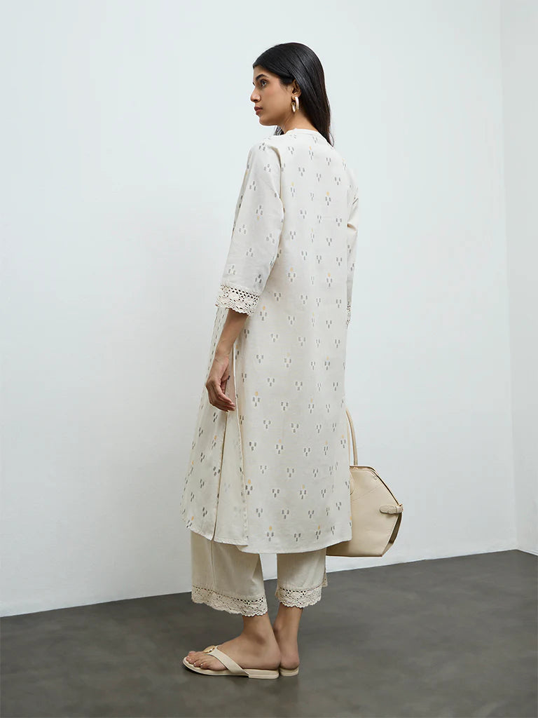 Utsa Off-White Ikat Printed Cotton-Blend A-Line Kurta