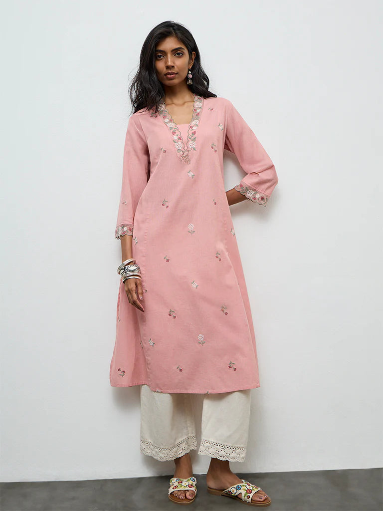 Utsa Pink Floral Embroidered A-line Cotton-Blend Kurta