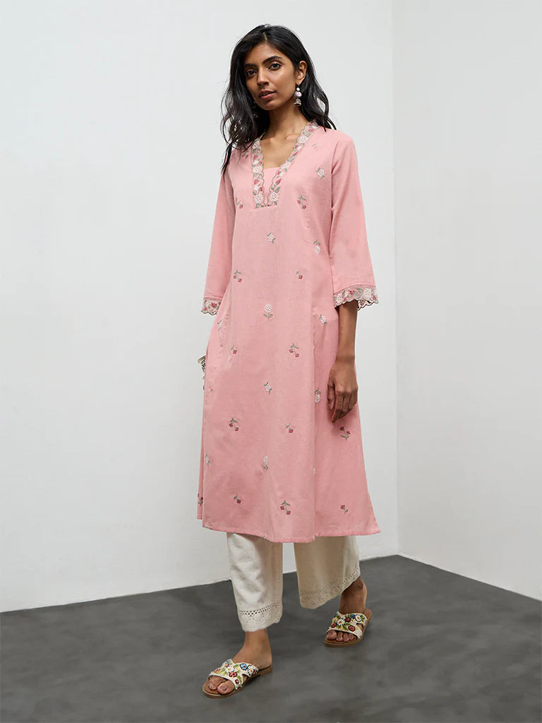 Utsa Pink Floral Embroidered A-line Cotton-Blend Kurta