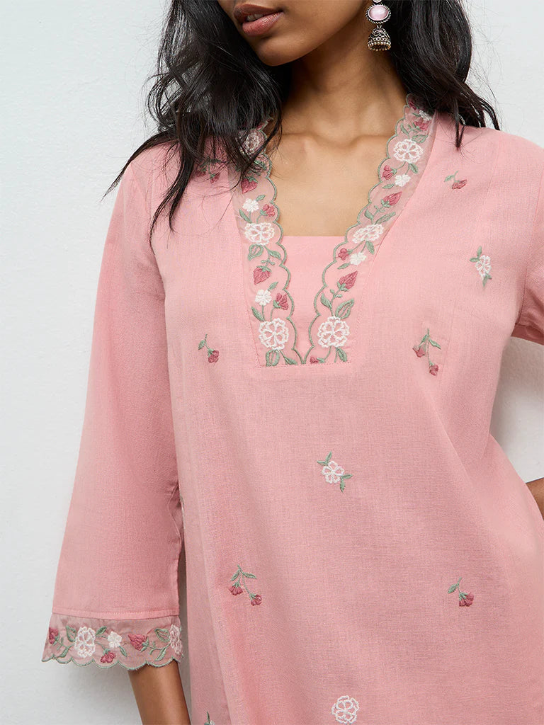 Utsa Pink Floral Embroidered A-line Cotton-Blend Kurta